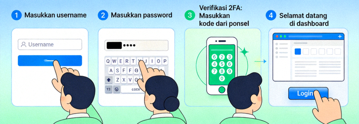Animasi ilustrasi proses login yang aman mulai dari memasukkan username hingga masuk ke dashboard