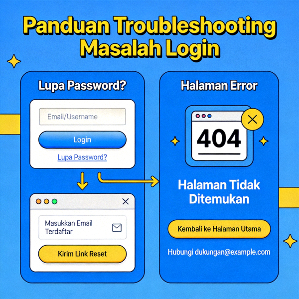 Animasi panduan troubleshooting masalah login seperti lupa password dan halaman error