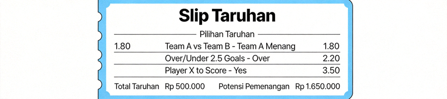 Ilustrasi slip taruhan atau betting slip yang berisi pilihan taruhan yang akan dipasang oleh pengguna