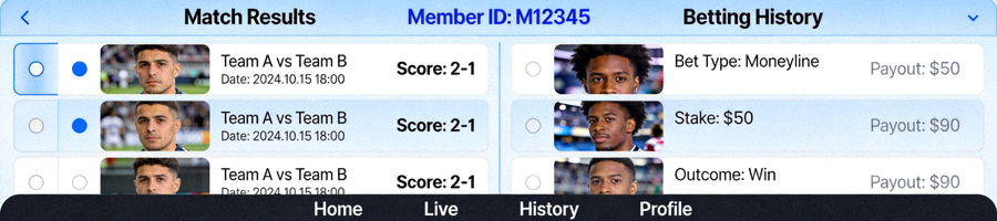 Screenshot halaman hasil pertandingan dan history taruhan yang telah ditempatkan oleh member