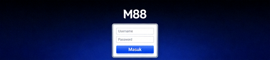 Screenshot halaman login M88 di desktop dengan form username, password, dan tombol masuk