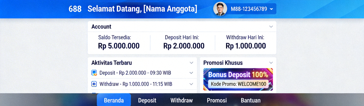 Tampilan dashboard member setelah berhasil login ke akun M88 Indonesia